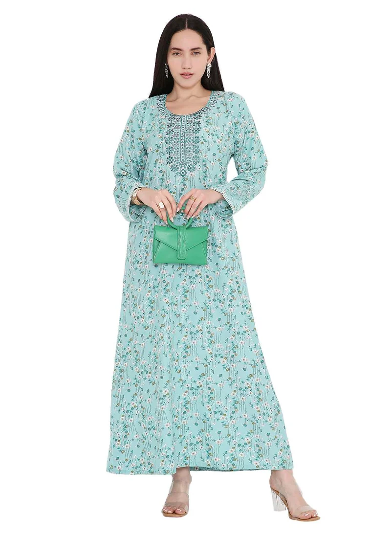 HANA & SARA ELEGANT FARASHA WITH UNIQUE THREAD EMBROIDERY AND STYLISH PRINTED MODEST ARABIC KAFTAN JALABIYA DRESS