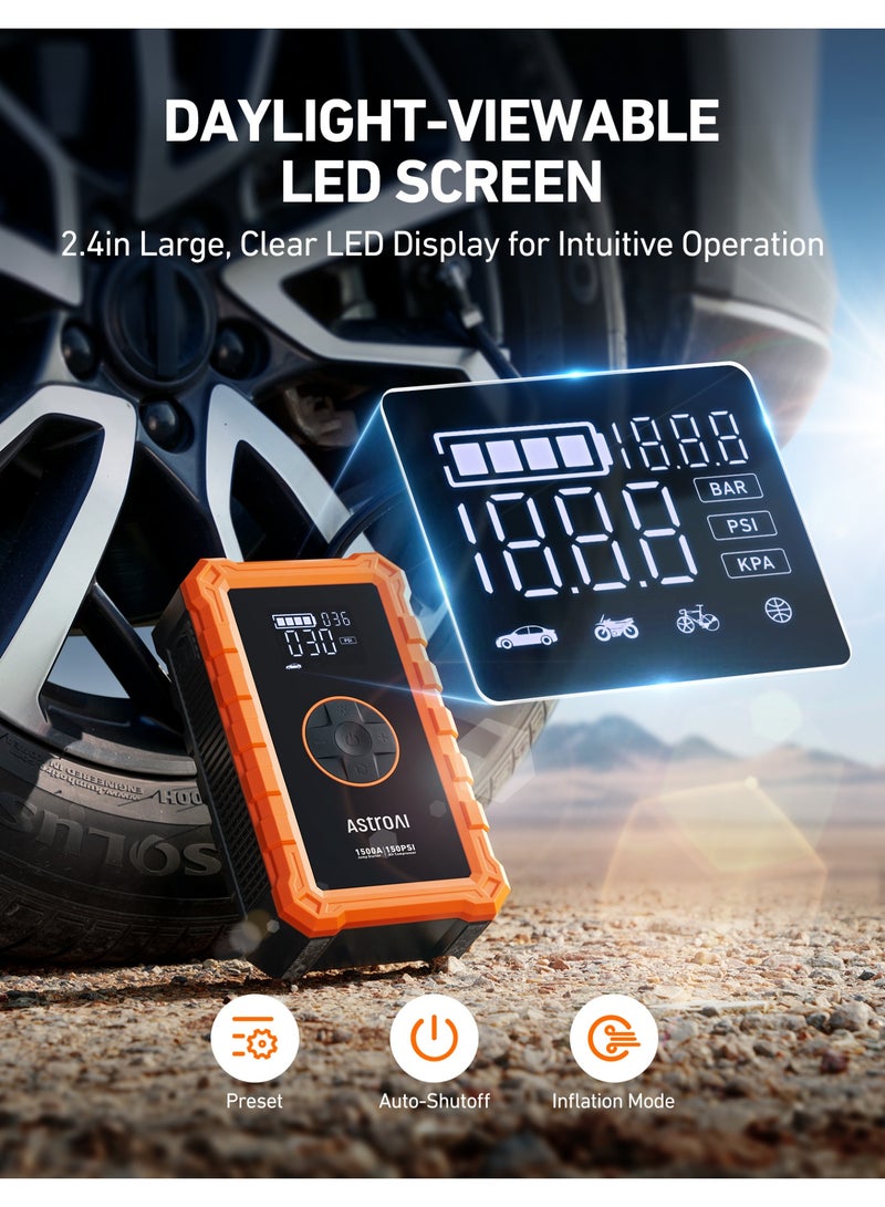 AstroAI S8 Air Jump Starter with Air Compressor, 1500A Car Battery Jumper Starter Portable (6.0 Gas/3.0L Diesel) with 150PSI Cordless Auto-Shutoff Tire Inflator, 12V Battery Charger Booster(Orange) for Gifts - Image 5