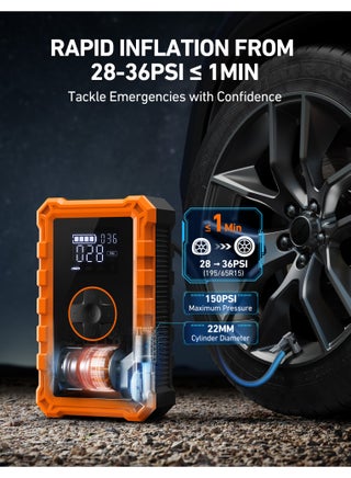 AstroAI S8 Air Jump Starter with Air Compressor, 1500A Car Battery Jumper Starter Portable (6.0 Gas/3.0L Diesel) with 150PSI Cordless Auto-Shutoff Tire Inflator, 12V Battery Charger Booster(Orange) for Gifts - view 3