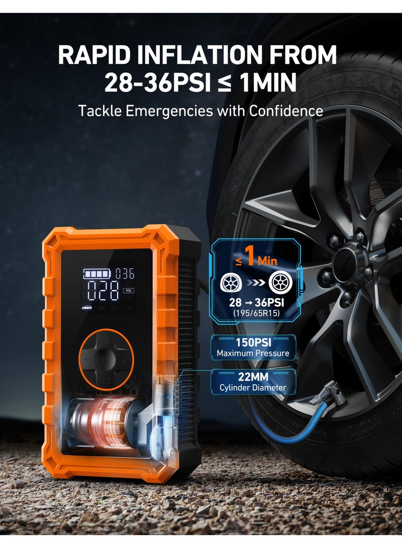 AstroAI S8 Air Jump Starter with Air Compressor, 1500A Car Battery Jumper Starter Portable (6.0 Gas/3.0L Diesel) with 150PSI Cordless Auto-Shutoff Tire Inflator, 12V Battery Charger Booster(Orange) for Gifts - Image 3