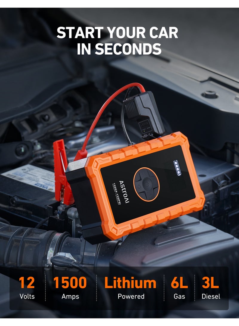 AstroAI S8 Air Jump Starter with Air Compressor, 1500A Car Battery Jumper Starter Portable (6.0 Gas/3.0L Diesel) with 150PSI Cordless Auto-Shutoff Tire Inflator, 12V Battery Charger Booster(Orange) for Gifts - Image 2