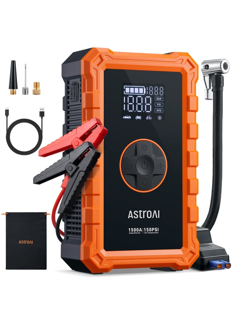 AstroAI S8 Air Jump Starter with Air Compressor, 1500A Car Battery Jumper Starter Portable (6.0 Gas/3.0L Diesel) with 150PSI Cordless Auto-Shutoff Tire Inflator, 12V Battery Charger Booster(Orange) for Gifts - Image 1