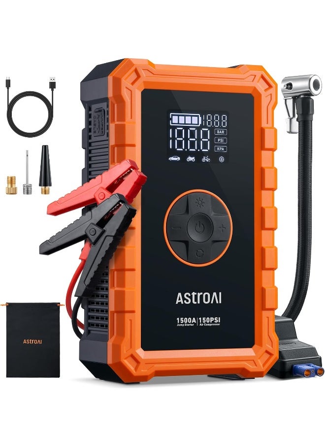 AstroAI AstroAI S8 Air Jump Starter with 150PSI Air Compressor, 18000mAh 1500A Peak 37Wh Car Battery Jump Starter Portable (6.0 Gas/3.0L Diesel) with 150PSI Cordless Auto-Shutoff Tire Inflator, 12V Battery Charger Booster(Orange) from USA  - Image 1
