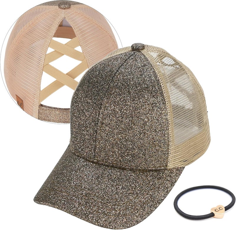 Cc Ponycap Messy High Bun Ponytail Adjustable Glitter Mesh Trucker Baseball Cap - Image 1