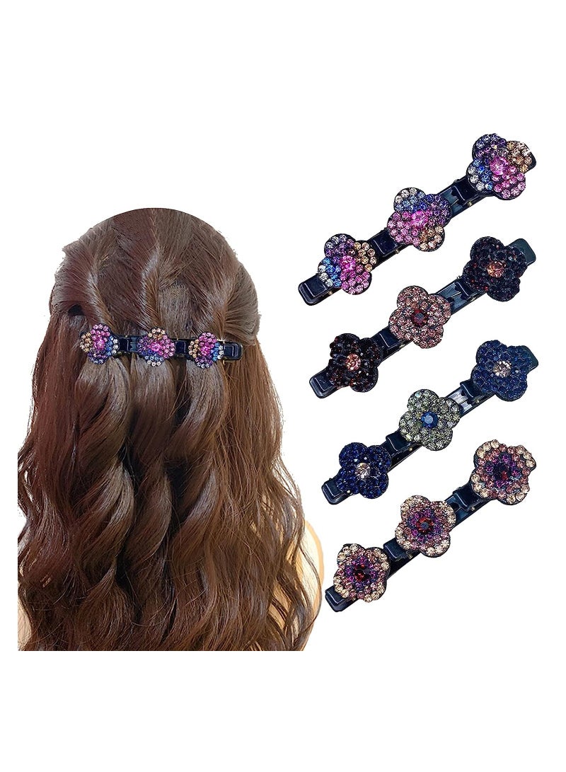 KASTWAVE Sparkling Crystal Stone Braided Hair Clips, Four-Leaf Clover Chopped Hairpin Duckbill Clip with 3 Small Clips, Braided Hair Clip with Rhinestones for Women/Girls, 4Pcs - Image 1