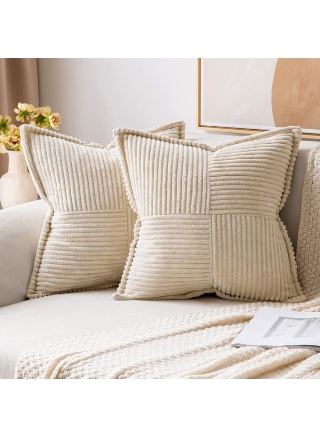 Corduroy Pillow Covers, with Splicing Set of 2 Super Soft Boho Striped Pillow Covers, Broadside Decorative Textured Throw Pillows for Spring Couch Cushion Livingroom 18x18 inch, Beige - Image 1