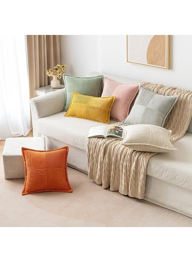 Corduroy Pillow Covers, with Splicing Set of 2 Super Soft Boho Striped Pillow Covers, Broadside Decorative Textured Throw Pillows for Spring Couch Cushion Livingroom 18x18 inch, Beige - Image 5