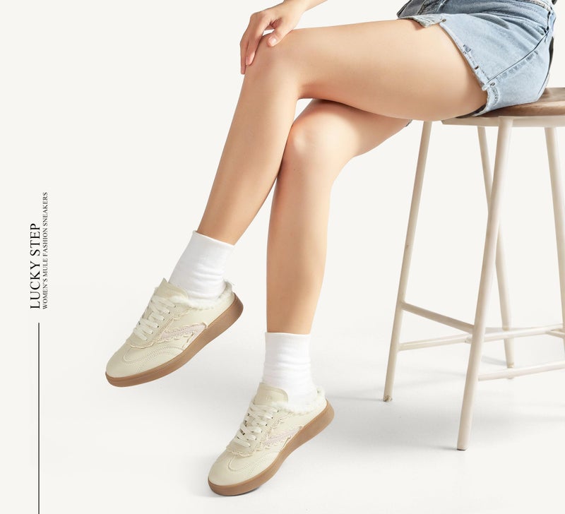 LUCKY STEP Womenâ€™s Mule Fashion Sneakers Slip On Backless Walking Shoes Winter Retro Comfy Casual Sneaker(7 M US Beige) - Image 2