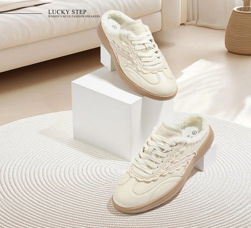 LUCKY STEP Womenâ€™s Mule Fashion Sneakers Slip On Backless Walking Shoes Winter Retro Comfy Casual Sneaker(7 M US Beige) - Image 3