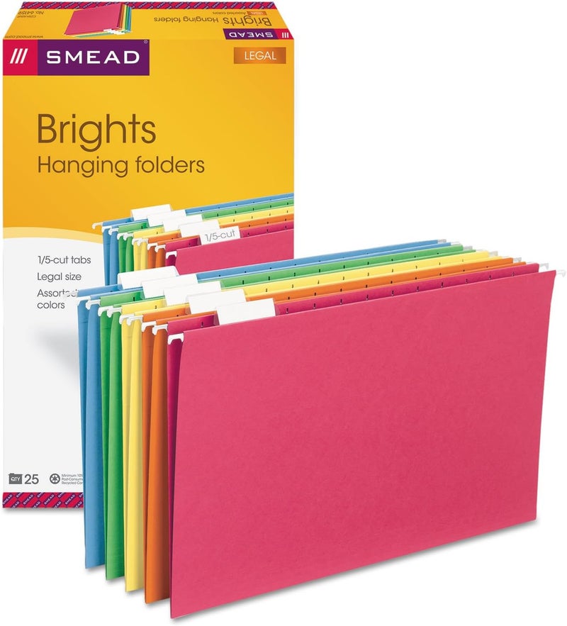 Smead Hanging File Folder With Tab, 1/5-Cut Adjustable Legal Size, Assorted Primary Colors, 25 Per Box (64159) - Image 1