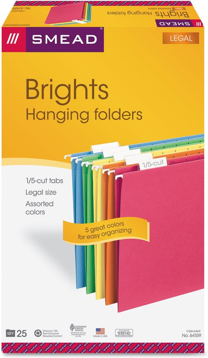 Smead Hanging File Folder With Tab, 1/5-Cut Adjustable Legal Size, Assorted Primary Colors, 25 Per Box (64159) - Image 3