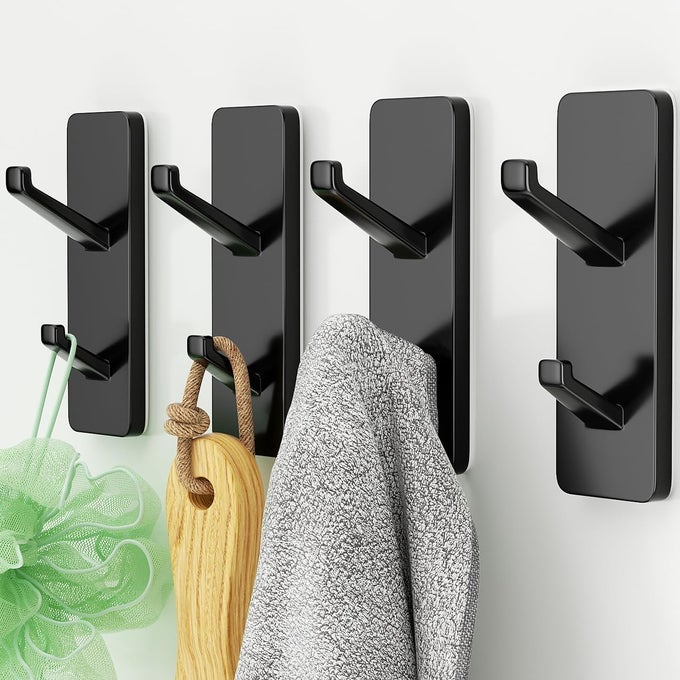 SELF ADHESIVE COAT HOOKS FOR HANGING HEAVY DUTY STAINLESS WALL HOOK FOR TOWEL BACKPACK HAT STURDY METAL HANGER FOR BATHROOM BEDROOM DOOR DORM 4PACK MATT BLACK