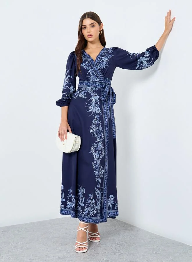 ستايلي Styli Navy Blue Floral Maxi Dress with 3/4 Sleeves