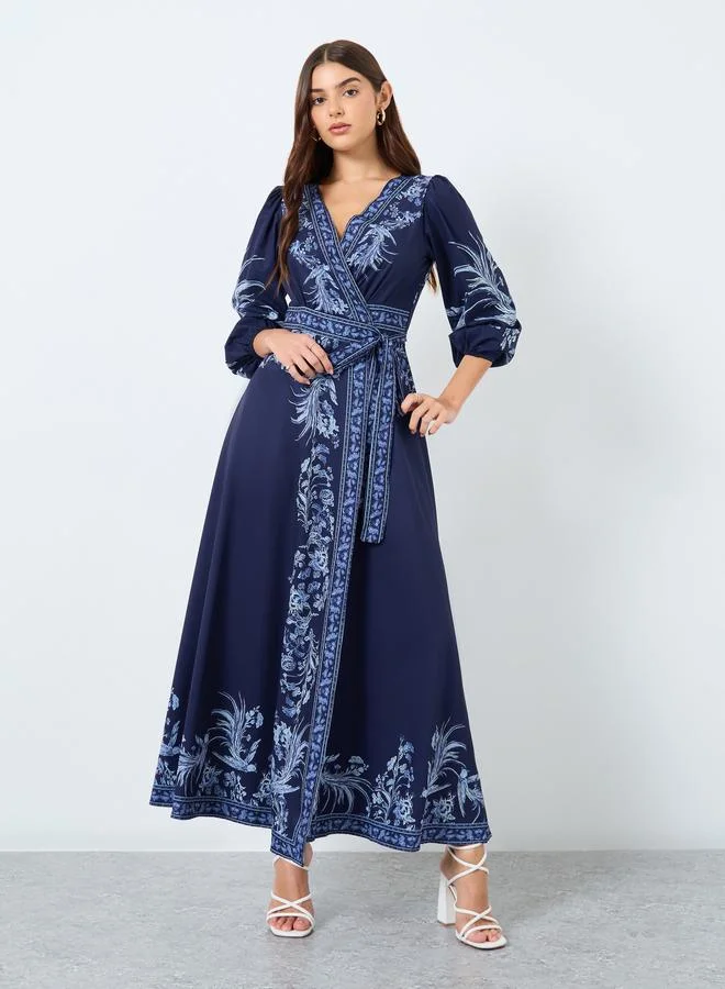ستايلي Styli Navy Blue Floral Maxi Dress with 3/4 Sleeves