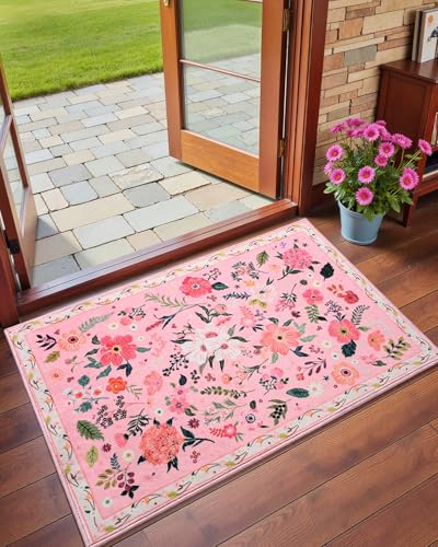 Macgace 2x3 Pink Floral Rug for Entryway Flowers Printed Washable Small Rugs with Non Slip Backing for Girls Bedroom Kitchen Cute Throw Carpet Front Door Entry Decor - Image 1