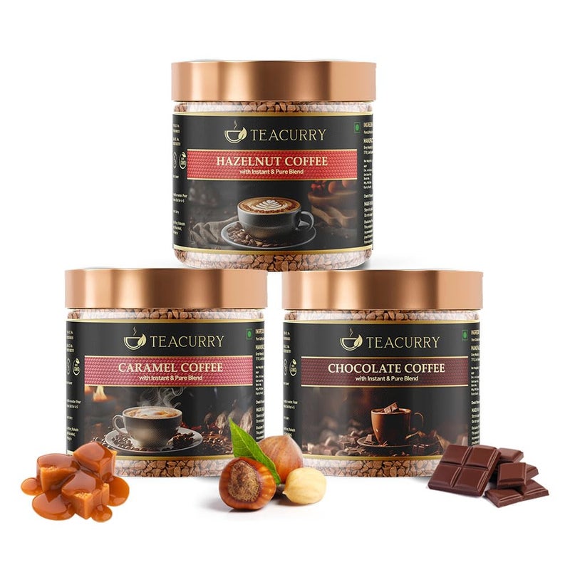 TEACURRY مجموعة قهوة تيكاري بنكهة 3 (150 جرام = 3x50 جرام) - قهوة بندق، قهوة شوكولاتة، قهوة كراميل - قهوة أرابيكا مجففة بالتجميد 100%  - Image 2