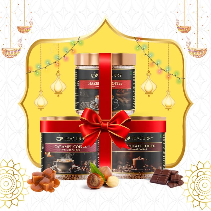 TEACURRY مجموعة قهوة تيكاري بنكهة 3 (150 جرام = 3x50 جرام) - قهوة بندق، قهوة شوكولاتة، قهوة كراميل - قهوة أرابيكا مجففة بالتجميد 100%  - Image 1