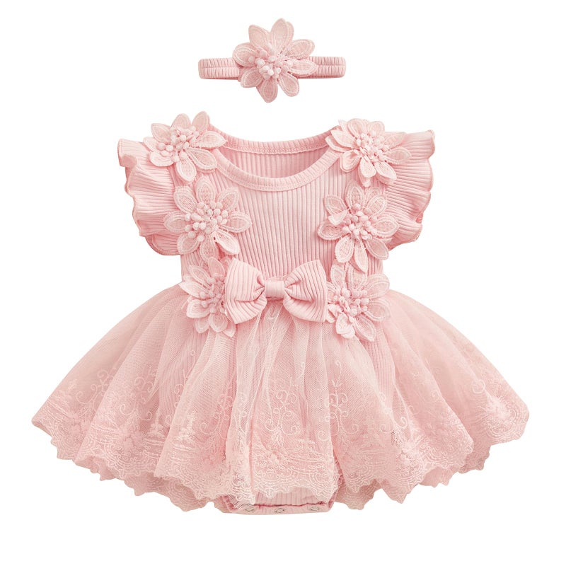 ZAXARRA Infant Baby Girl Lace Romper Baby Tulle Dress Romper Flowers Bodysuit Spring Summer Festival Clothes with Headband (Pink, 0-3 Months) - Image 1