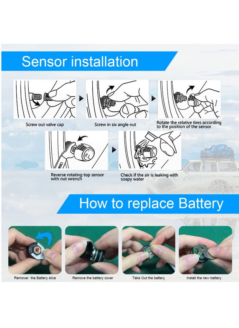 Loquat Tire Pressure Monitoring System TPMS, 4 Sensor TPMS for Truck Rv Trailer Car with 6 Alarm Modes and Solar Power / USB Charge Large Screen, Long Endurance Battery Life - Image 5