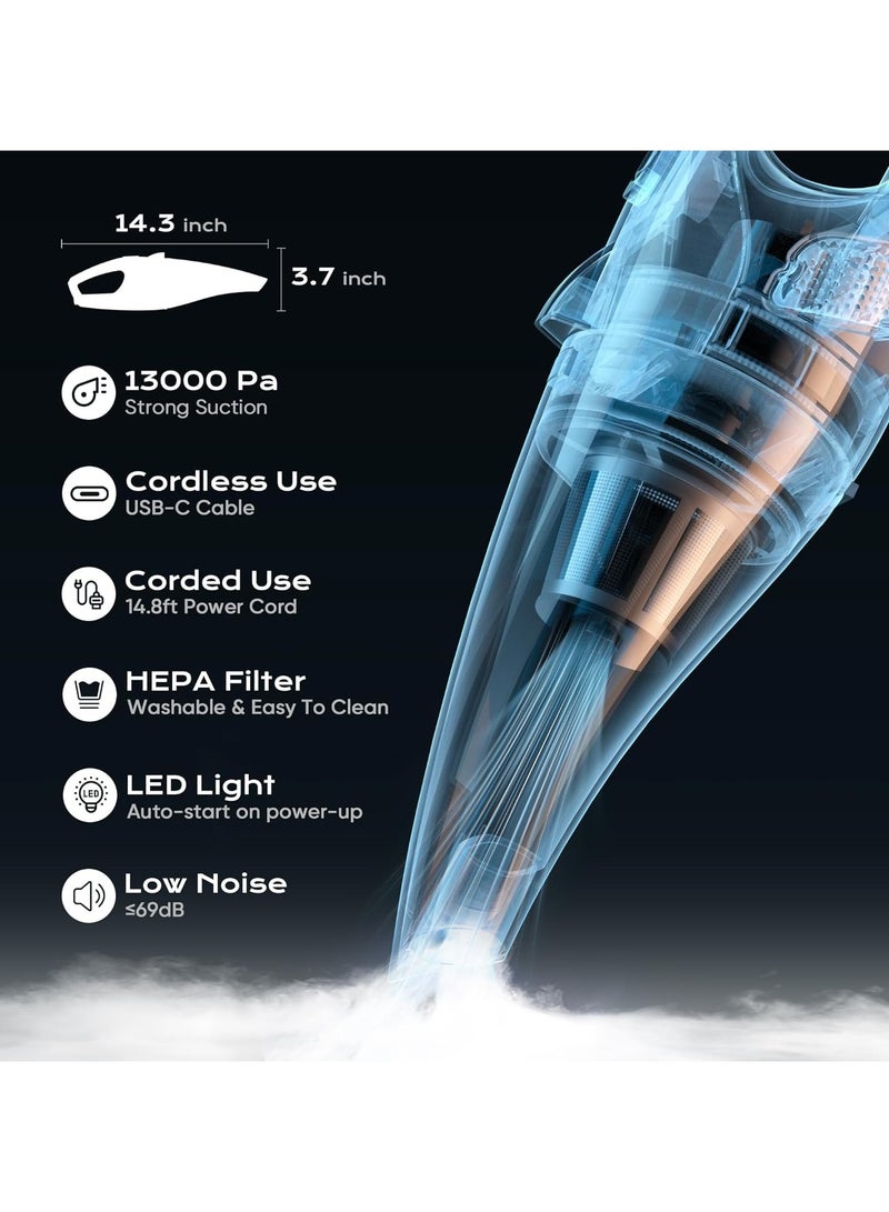 Handheld Vacuum Cordless, 13000Pa Strong Suction Car Vacuum Cleaner with LED Light, Portable Hand Vacuum with Multi-Nozzles, Small Hand Held Vacuum Cordless for Car, Home, Pet - Image 2