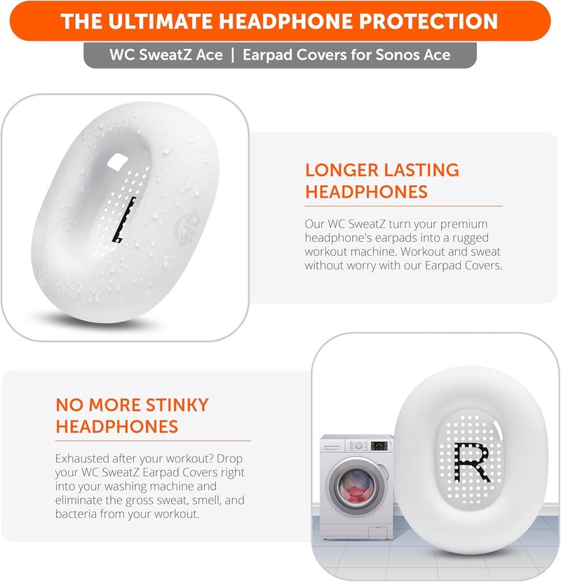 WC SweatZ Ace - Patented Sweat Protection Pads for Sonos Ace Wireless Headphones with Noise Cancelling by Wicked Cushions | Sweatproof and Easily Washable | White - Image 5