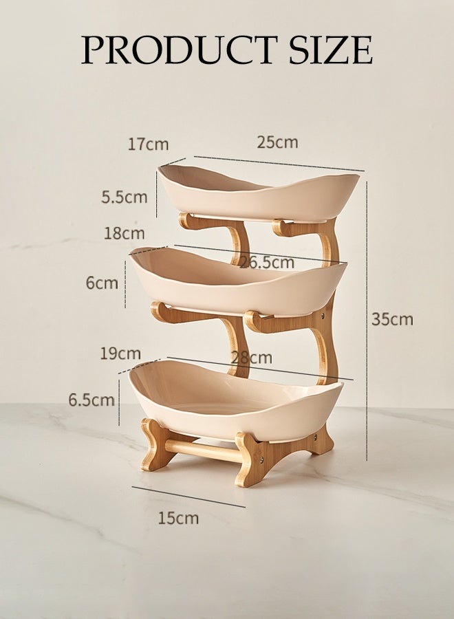 DUNISO 3 Tier Fruit Basket Kitchen Fruit Bowl Long Lasting Elegant Fruit Storage Bowls Luxury Serving Snack Table Plates Serve Dessert Trays Oval Bowl Set with Natural Rack Tiered Serving Tray Set for Fruits and Vegetables - Image 4