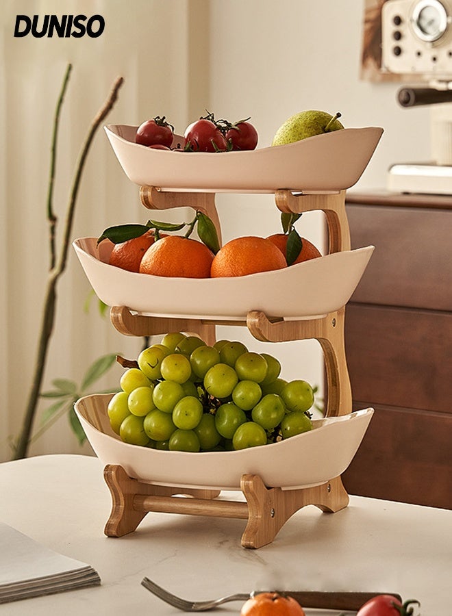 DUNISO 3 Tier Fruit Basket Kitchen Fruit Bowl Long Lasting Elegant Fruit Storage Bowls Luxury Serving Snack Table Plates Serve Dessert Trays Oval Bowl Set with Natural Rack Tiered Serving Tray Set for Fruits and Vegetables - Image 1