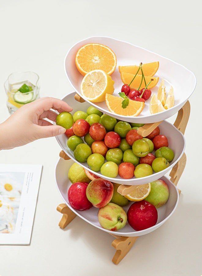 DUNISO 3 Tier Fruit Basket Kitchen Fruit Bowl Long Lasting Elegant Fruit Storage Bowls Luxury Serving Snack Table Plates Serve Dessert Trays Oval Bowl Set with Natural Rack Tiered Serving Tray Set for Fruits and Vegetables - Image 2