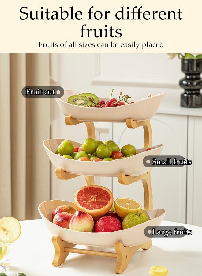 DUNISO 3 Tier Fruit Basket Kitchen Fruit Bowl Long Lasting Elegant Fruit Storage Bowls Luxury Serving Snack Table Plates Serve Dessert Trays Oval Bowl Set with Natural Rack Tiered Serving Tray Set for Fruits and Vegetables - Image 3