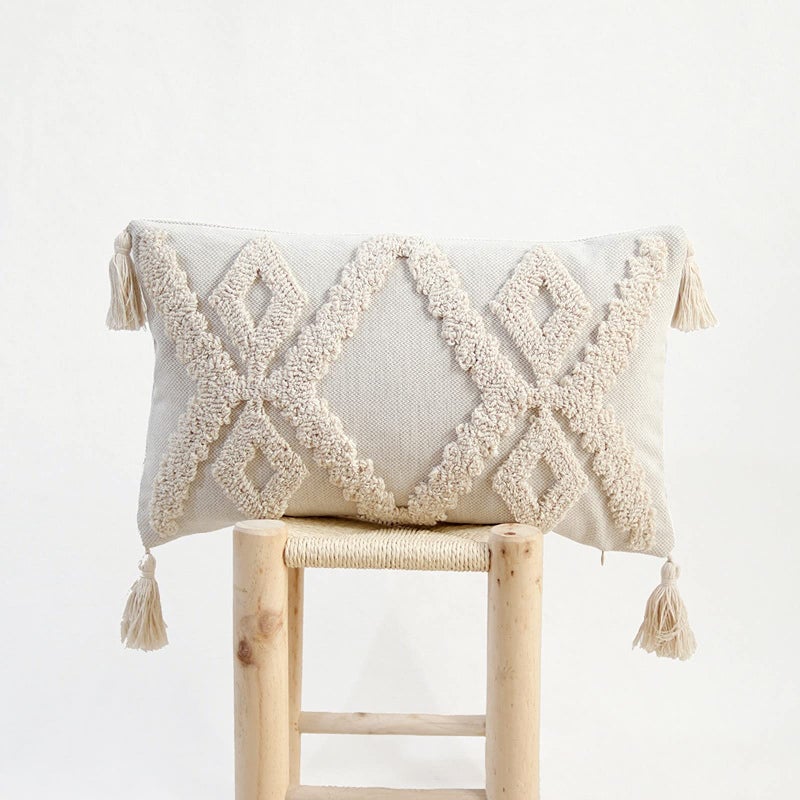 RinRinfam Boho Tufted Lumbar Throw Pillow Cover 12x 20 Modern Simple Diamond Farmhouse Neutral Linen Pillow Cushion Cases with Tassels Cream Decorative Pillows for Bed Outdoor Couch Bedroom Car