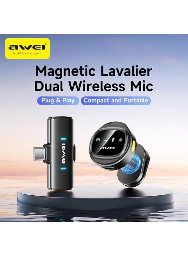 Awei Dual Wireless Magnetic Lavalier Mic - Mk3 - Black - Image 1