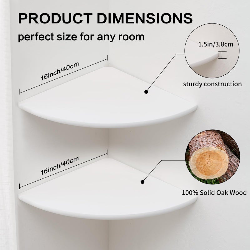 Conamily Corner Wall Shelves, White Floating Corner Shelf, Set of 2 16inch Solid Oak Wood Shelves, Round End Wall Mount Display Shelf with Wire Hole for Small Plant for Bedroom Kitchen, Living Room - Image 5