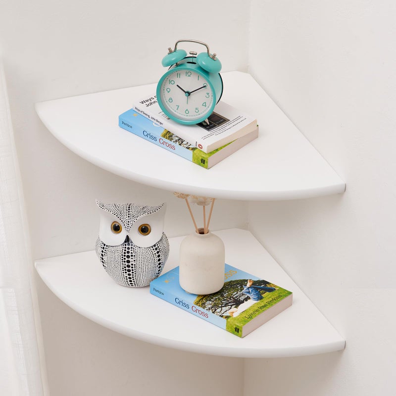 Conamily Corner Wall Shelves, White Floating Corner Shelf, Set of 2 16inch Solid Oak Wood Shelves, Round End Wall Mount Display Shelf with Wire Hole for Small Plant for Bedroom Kitchen, Living Room - Image 1