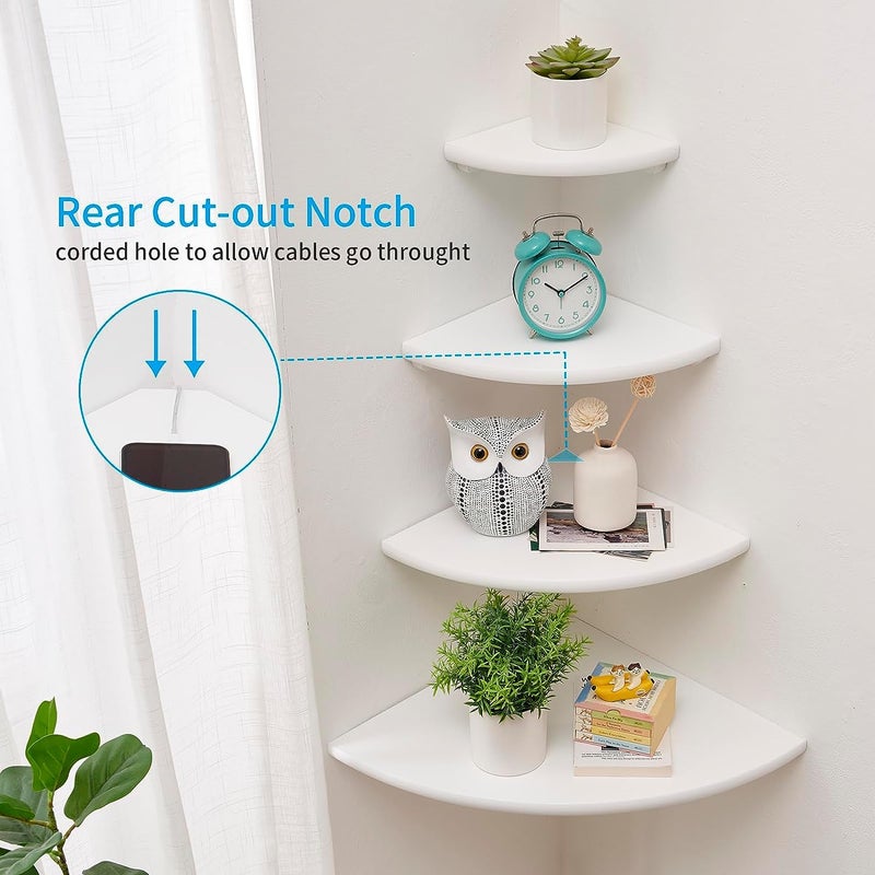 Conamily Corner Wall Shelves, White Floating Corner Shelf, Set of 2 16inch Solid Oak Wood Shelves, Round End Wall Mount Display Shelf with Wire Hole for Small Plant for Bedroom Kitchen, Living Room - Image 2