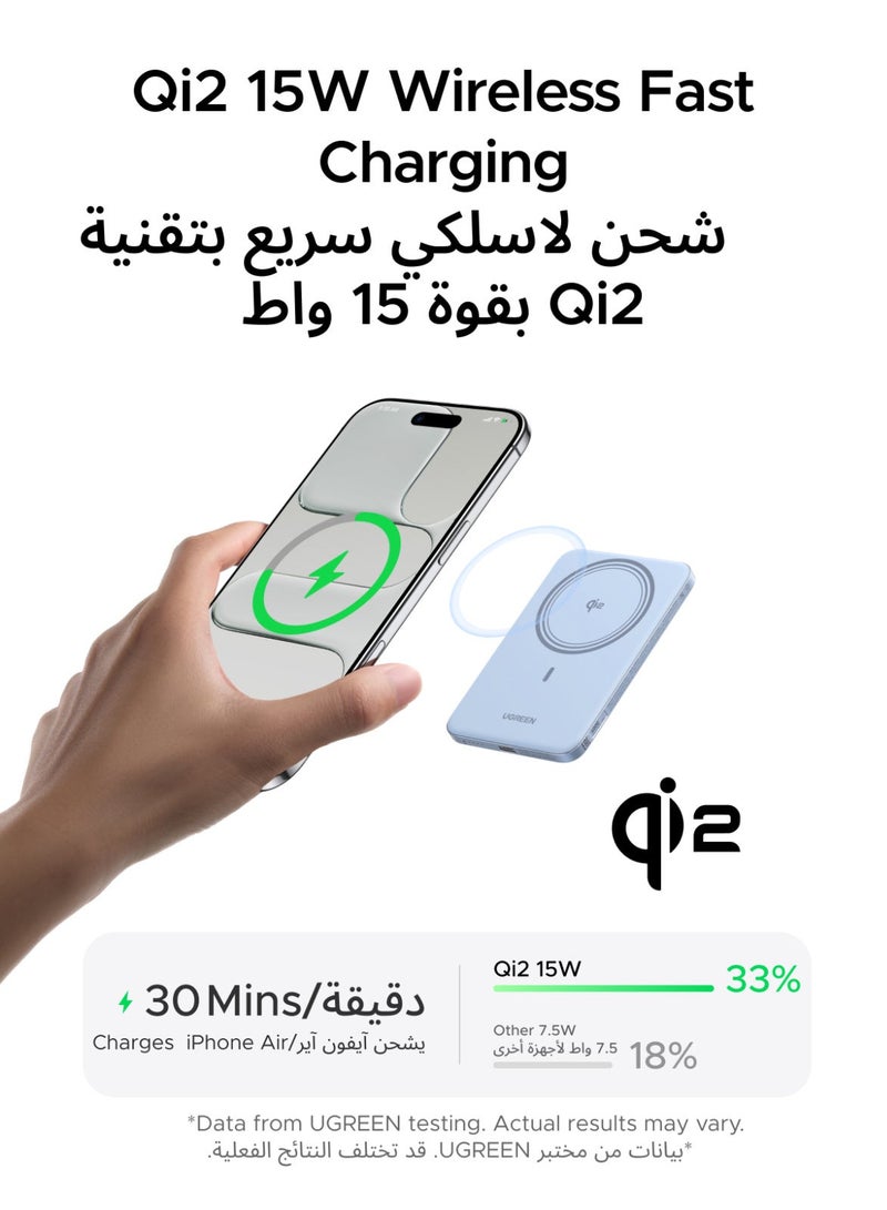يو جرين بنك طاقة ماج سيف بسعة 5000 مللي أمبير، فائق النحافة، معتمد بتقنية Qi2، شحن لاسلكي بقوة 15 واط، شحن سريع بتقنية PD بقوة 20 واط، لا يسخن، مغناطيس قوي لأجهزة آيفون 17/16/15/14، سلسلة ماج فلو إير، أزرق فائق النحافة 20 واط - فضي - Image 3