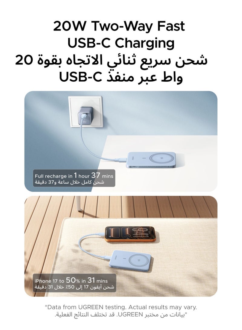 يو جرين بنك طاقة ماج سيف بسعة 5000 مللي أمبير، فائق النحافة، معتمد بتقنية Qi2، شحن لاسلكي بقوة 15 واط، شحن سريع بتقنية PD بقوة 20 واط، لا يسخن، مغناطيس قوي لأجهزة آيفون 17/16/15/14، سلسلة ماج فلو إير، أزرق فائق النحافة 20 واط - فضي - Image 4