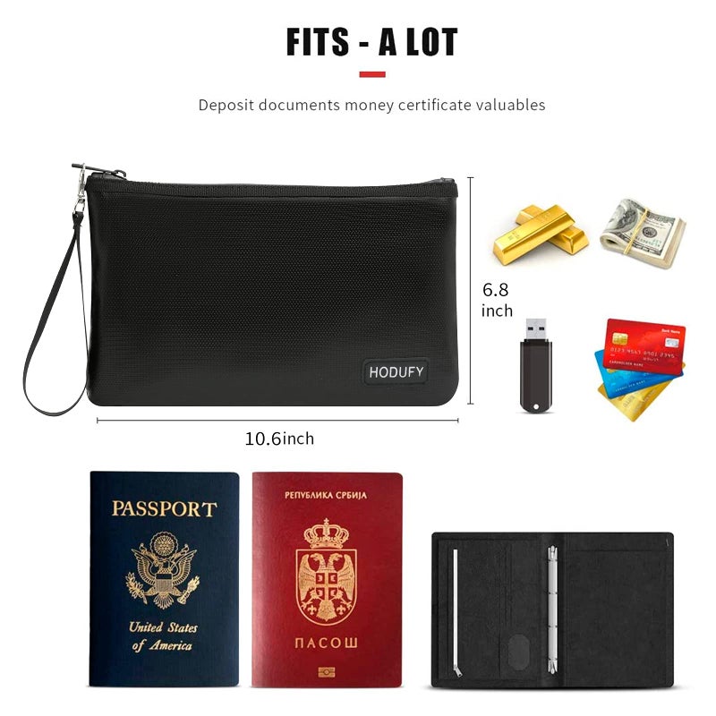 Hodufy Fireproof Money Bag (2000â„‰), Fireproof Document Bags, Bank Cash Bag with Zipper & Strap, Suitable for A5 Documents, Bank Inventory, Passport (Black) - Image 4
