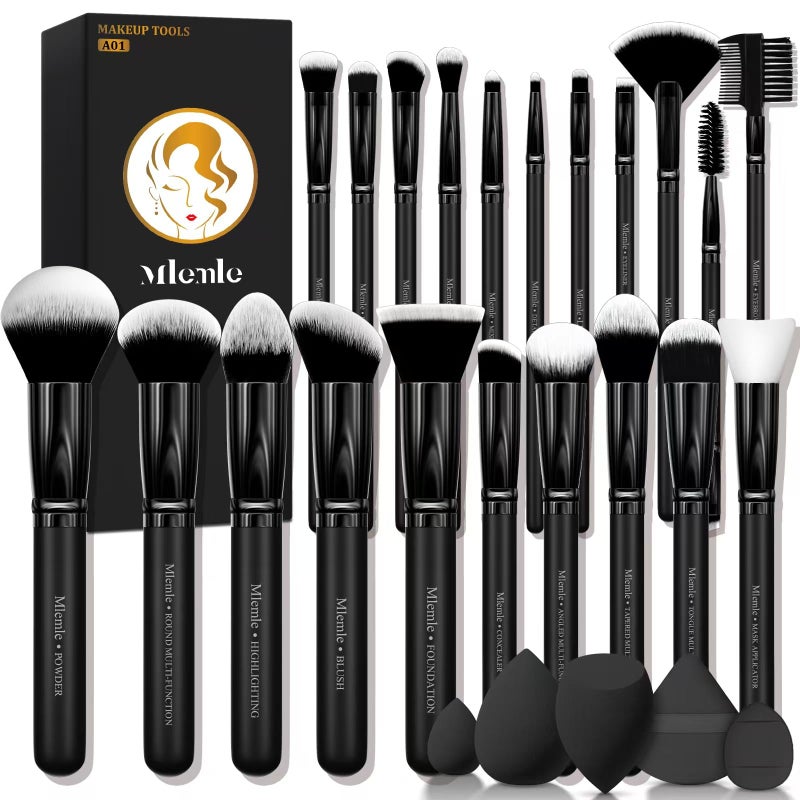 Mlemle Makeup Brushes Set, Mlemle Professional 26 Pcs Makeup Kit, Include Powder Foundation Concealers Blush Eye shadows Eyebrow 21 Pcs Makeup Brushes and 2 Powder Puff, 3 Makeup Sponge(A01-Black) - Image 1
