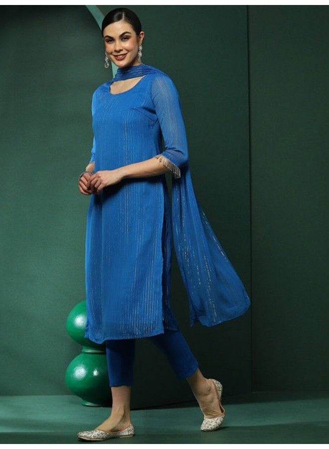 AKS AKS Couture Striped Round Neck Straight Kurta With Trousers And Dupatta  - Image 4