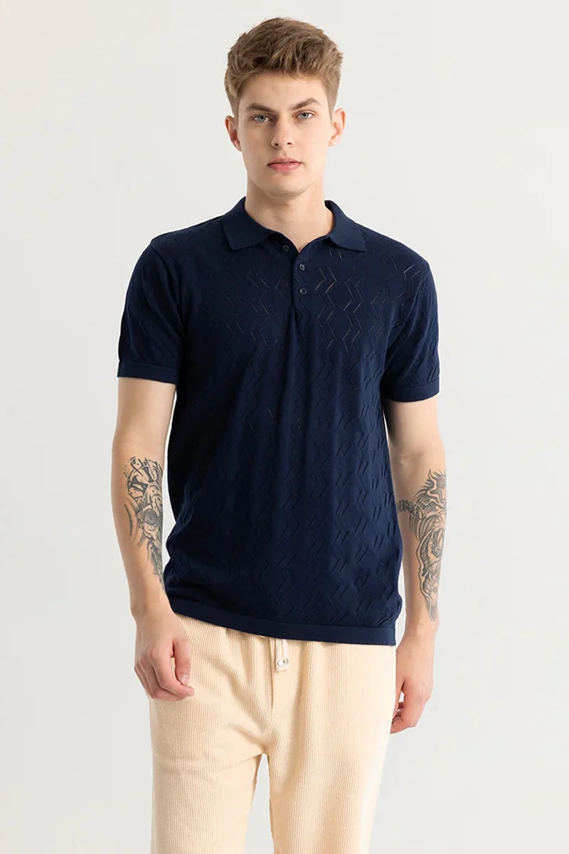 SNITCH Navy Baldassare Blue Knitted Polo T-Shirt for Men | Best Price UAE