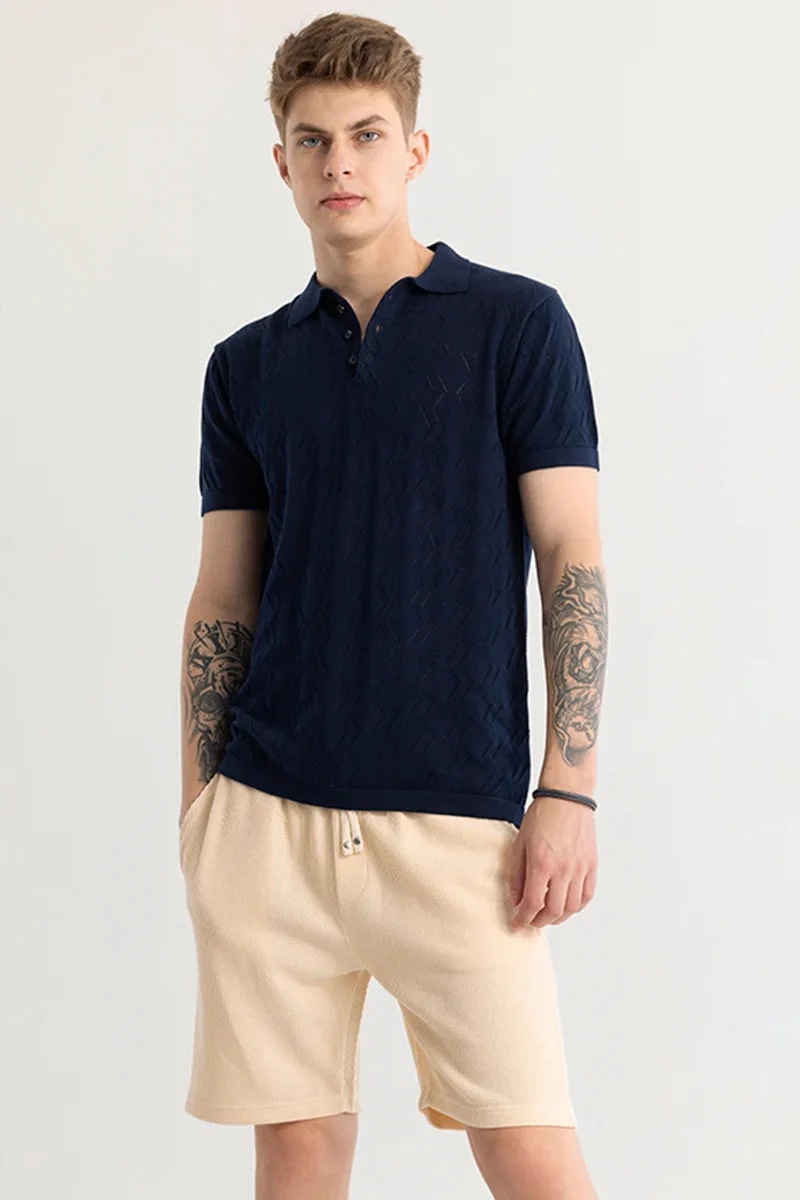 SNITCH Navy Baldassare Blue Knitted Polo T-Shirt for Men | Best Price UAE