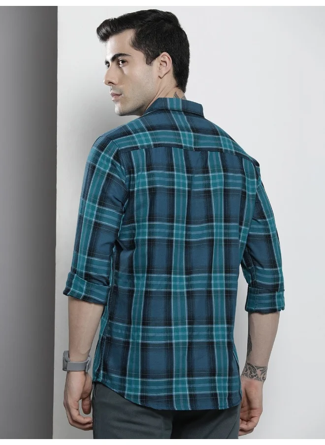 The Indian Garage Co Blue Regular Fit Casual Checkered Shirt