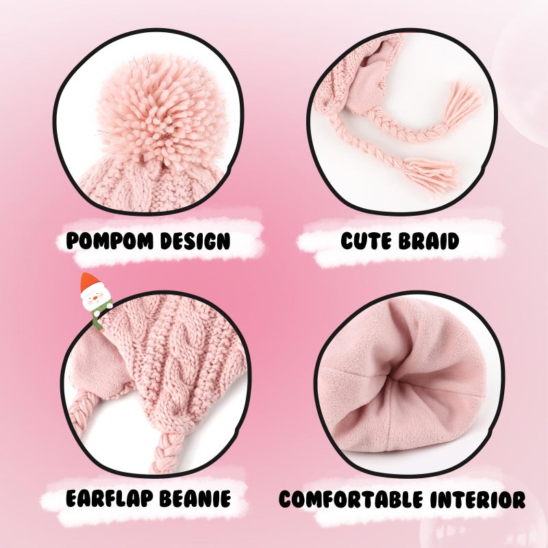 Otoyzy Winter Peruvian Hat Earflap Fleece Lined Pompon Knit Hat Beanie for 3-10T Baby Girls - Image 5