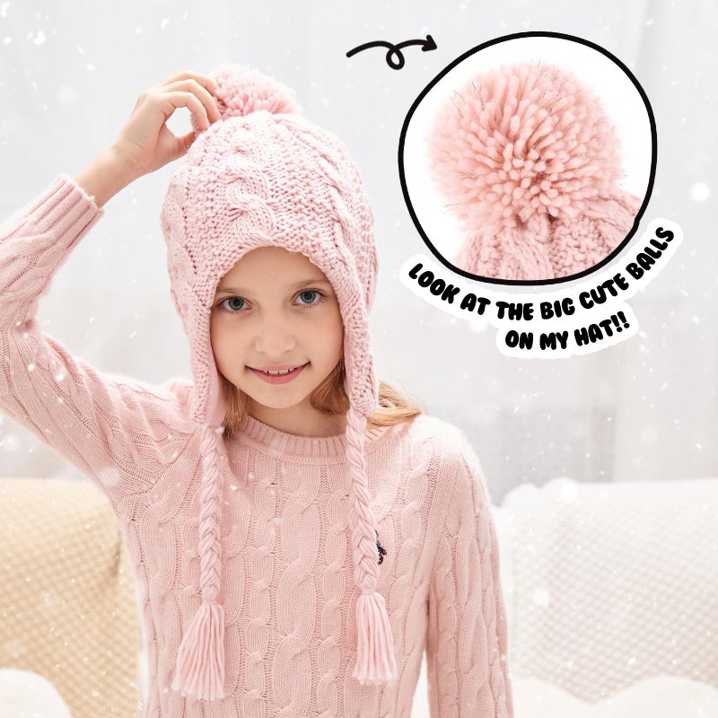 Otoyzy Winter Peruvian Hat Earflap Fleece Lined Pompon Knit Hat Beanie for 3-10T Baby Girls - Image 3