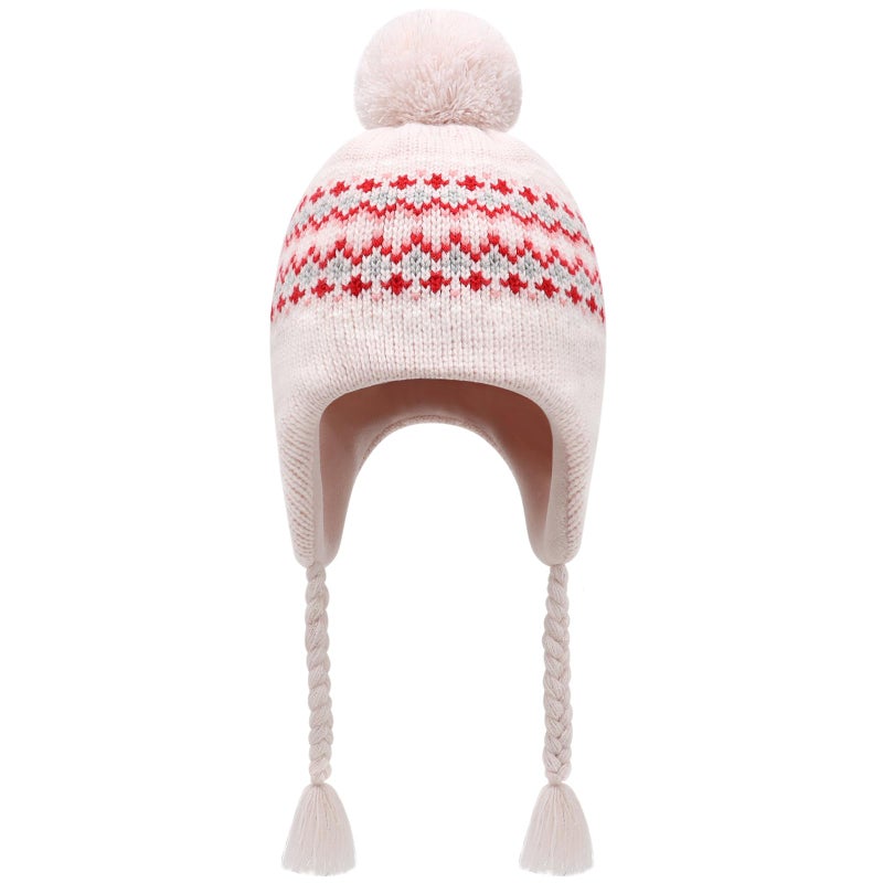 Otoyzy Winter Peruvian Hat Earflap Fleece Lined Pompon Knit Hat Beanie for 3-10T Baby Girls - Image 2
