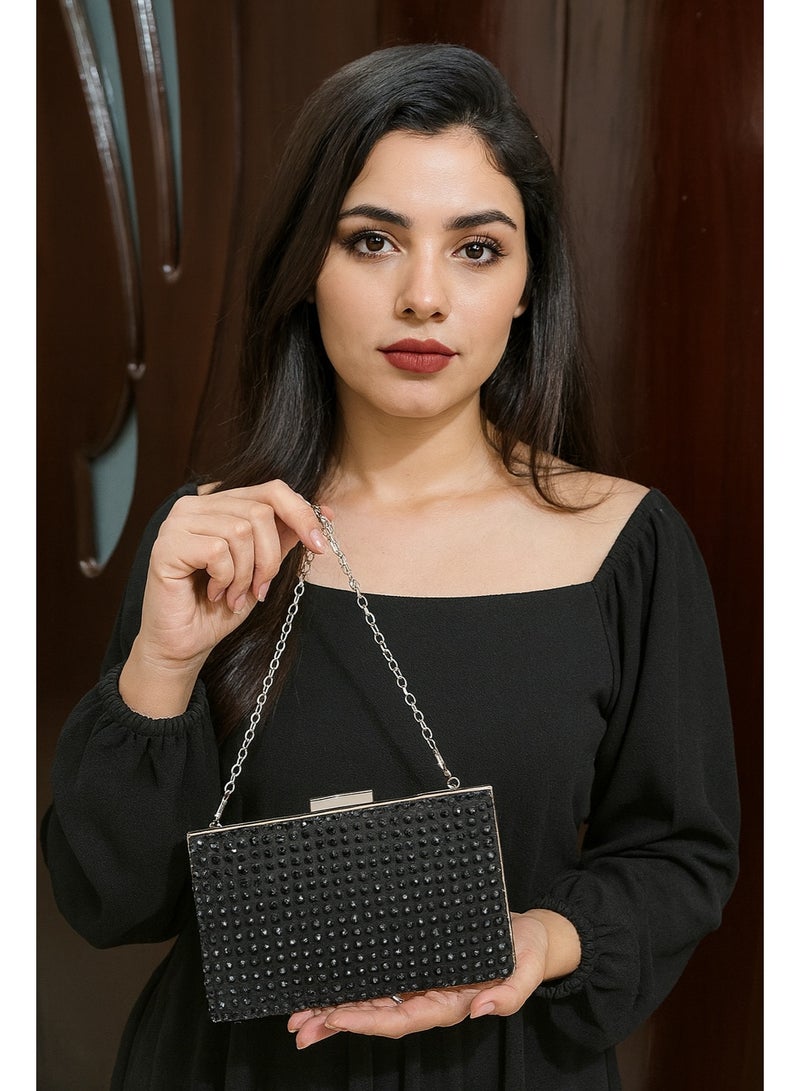Women’s Black Crystal Evening Clutch with Chain – Parties & Events - Image 3
