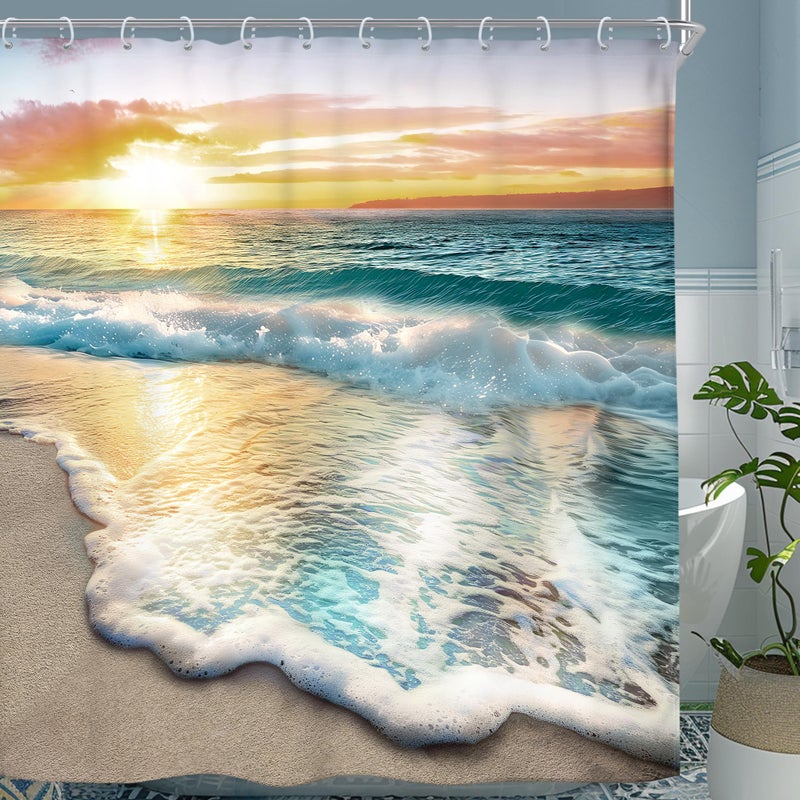 Riyidecor Ocean Beach Look Nature Scene Shower Curtain for Bathroom Sunrise Sunset 60 x 72 Inch Coastal Hawaiian Summer Sea Wave Seaside Island Blue Fabric Set Waterproof BBJWXP