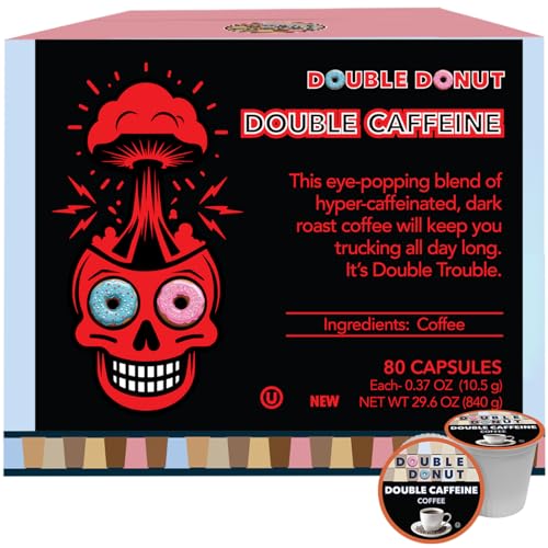 Double Donut Coffee High Caffeine Coffee Pods Extra Strong Double Caffeine Coffee Cups for Keurig K Cup Brewer Machines Single Serve Dark Roast Coffee 80 Count - Image 1