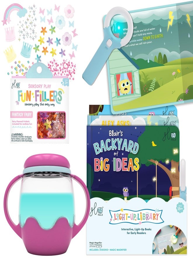 Glo Pals Bedtime Bundle Pink - Mini Sensory Jar with Fantasy Fairy Fun Fillers & Light Up Library 3 Pack - Interactive Reading Books for Kids with 1 Magic Magnifier - Sensory Toys for Kids - Image 1