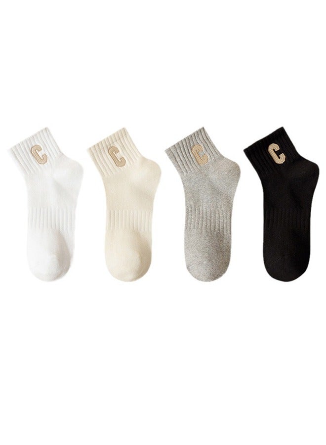 جوارب نسائية متوسطة الطول على شكل حرف C، جوارب رياضية ماصة للعرق ومسامية، جوارب قطنية متوسطة الطول لجميع المواسم، 4 أزواج - Image 1